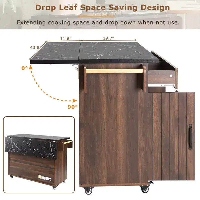 sumyeg Kitchen Island Cart with Trash Can Storage, Drop Leaf, Spice Rack, Towel Rack and Drawer, Rolling Cart with Adjustable Shelf for Kitchen
