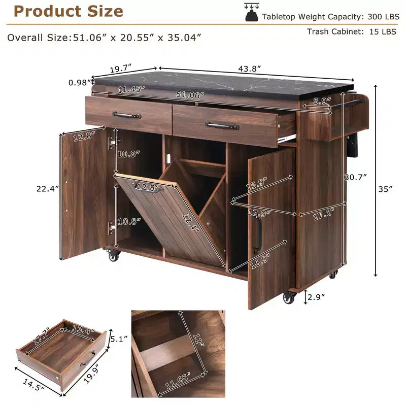 sumyeg Kitchen Island Cart with Trash Can Storage, Drop Leaf, Spice Rack, Towel Rack and Drawer, Rolling Cart with Adjustable Shelf for Kitchen