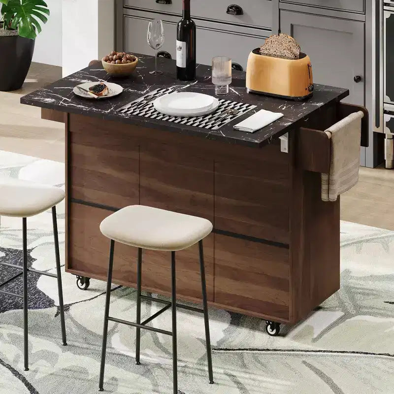 sumyeg Kitchen Island Cart with Trash Can Storage, Drop Leaf, Spice Rack, Towel Rack and Drawer, Rolling Cart with Adjustable Shelf for Kitchen