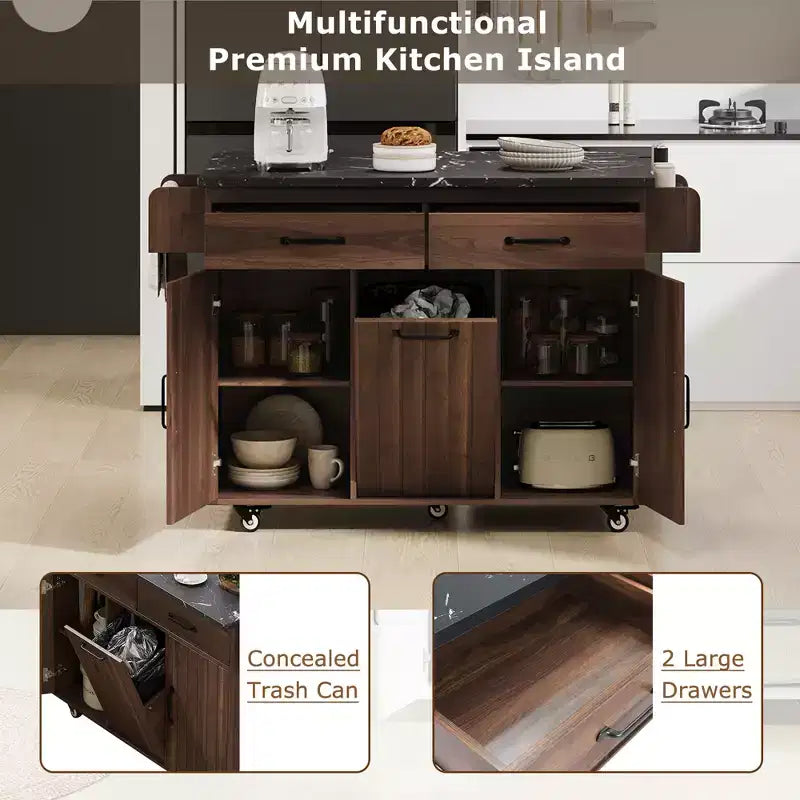 sumyeg Kitchen Island Cart with Trash Can Storage, Drop Leaf, Spice Rack, Towel Rack and Drawer, Rolling Cart with Adjustable Shelf for Kitchen