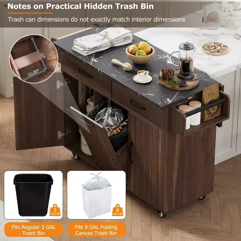 sumyeg Kitchen Island Cart with Trash Can Storage, Drop Leaf, Spice Rack, Towel Rack and Drawer, Rolling Cart with Adjustable Shelf for Kitchen