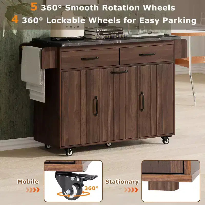 sumyeg Kitchen Island Cart with Trash Can Storage, Drop Leaf, Spice Rack, Towel Rack and Drawer, Rolling Cart with Adjustable Shelf for Kitchen