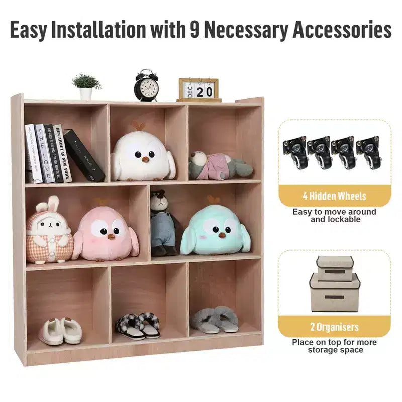 8-Section Entryway Storage Cabinet w/ 4 Hidden Wheels. 2 Bins. Mobile Organizer