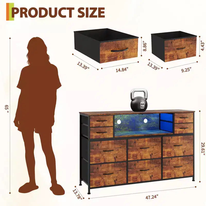 10 Fabric Drawers Dresser, Entertainment Center with Wood Top, Open Shelves, TV Stand for 40-55 TV, Chest of Drawers for Bedroom Living Room