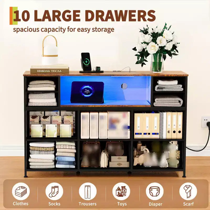 10 Fabric Drawers Dresser, Entertainment Center with Wood Top, Open Shelves, TV Stand for 40-55 TV, Chest of Drawers for Bedroom Living Room