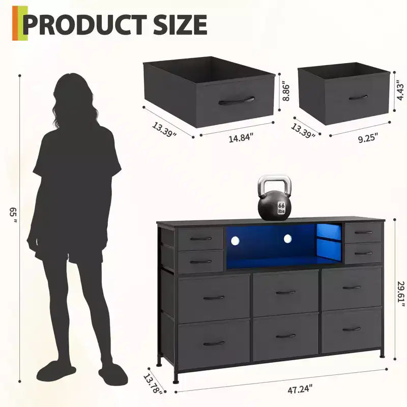 10 Fabric Drawers Dresser, Entertainment Center with Wood Top, Open Shelves, TV Stand for 40-55 TV, Chest of Drawers for Bedroom Living Room