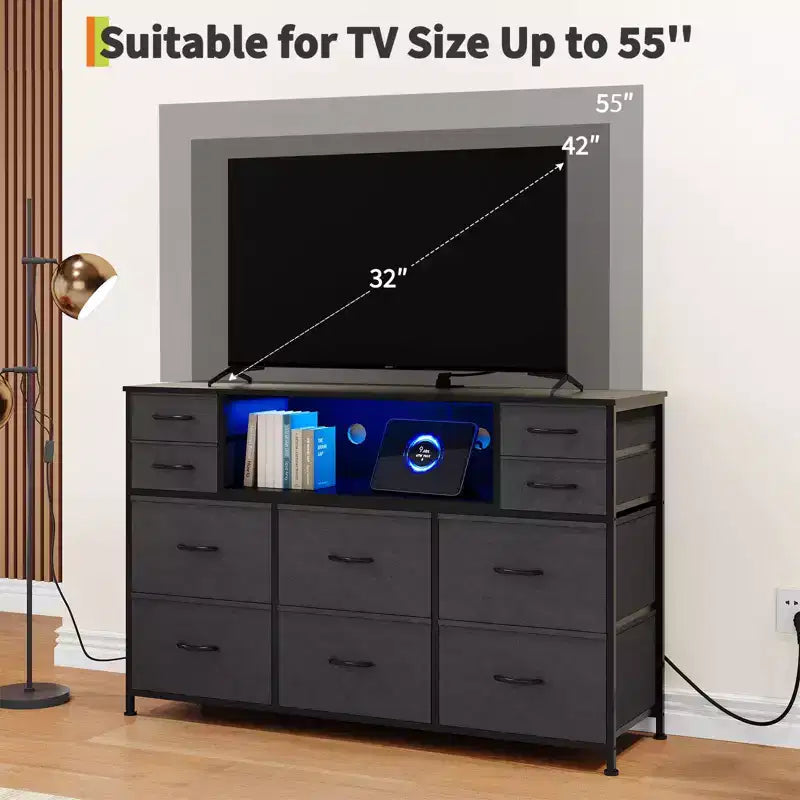 10 Fabric Drawers Dresser, Entertainment Center with Wood Top, Open Shelves, TV Stand for 40-55 TV, Chest of Drawers for Bedroom Living Room