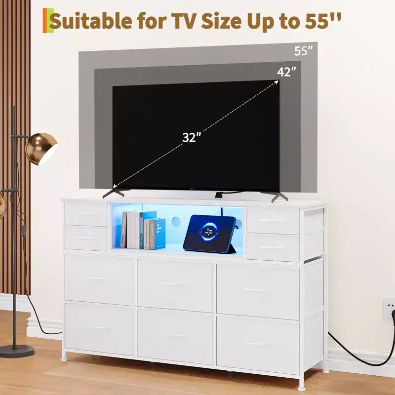 10 Fabric Drawers Dresser, Entertainment Center with Wood Top, Open Shelves, TV Stand for 40-55 TV, Chest of Drawers for Bedroom Living Room