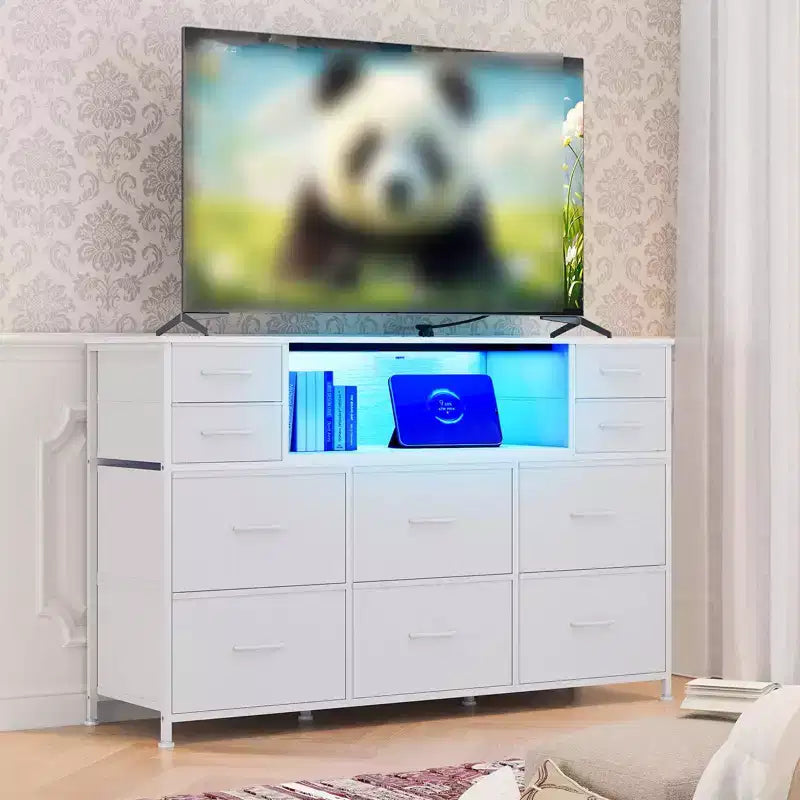10 Fabric Drawers Dresser, Entertainment Center with Wood Top, Open Shelves, TV Stand for 40-55 TV, Chest of Drawers for Bedroom Living Room