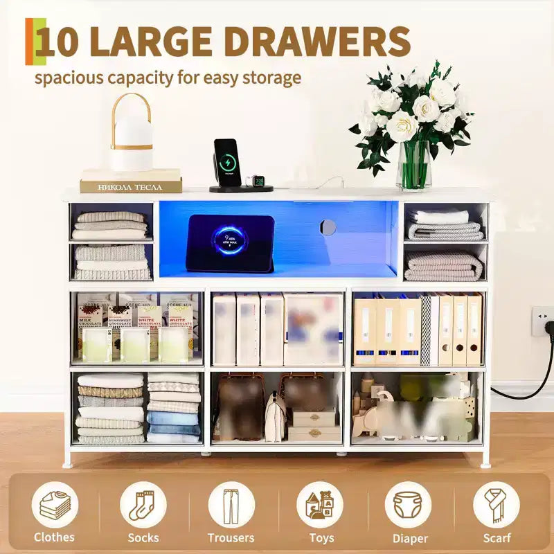 10 Fabric Drawers Dresser, Entertainment Center with Wood Top, Open Shelves, TV Stand for 40-55 TV, Chest of Drawers for Bedroom Living Room