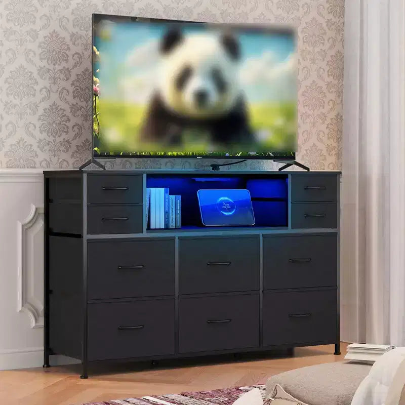 10 Fabric Drawers Dresser, Entertainment Center with Wood Top, Open Shelves, TV Stand for 40-55 TV, Chest of Drawers for Bedroom Living Room