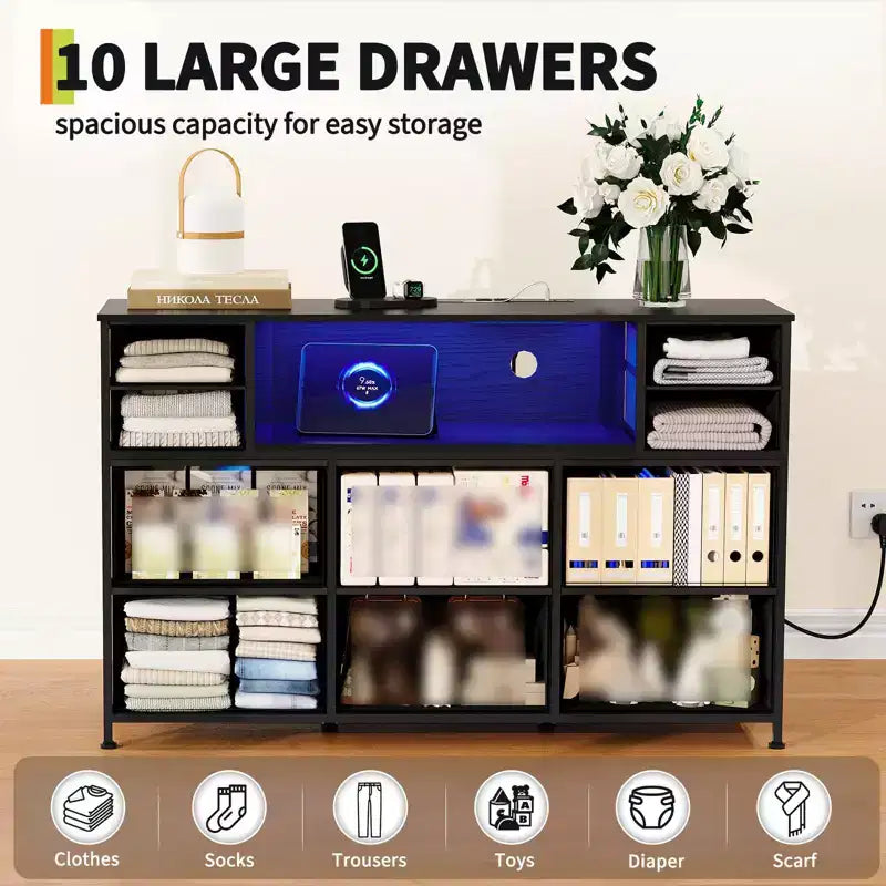 10 Fabric Drawers Dresser, Entertainment Center with Wood Top, Open Shelves, TV Stand for 40-55 TV, Chest of Drawers for Bedroom Living Room
