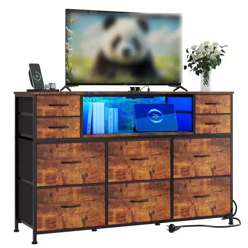 10 Fabric Drawers Dresser, Entertainment Center with Wood Top, Open Shelves, TV Stand for 40-55 TV, Chest of Drawers for Bedroom Living Room