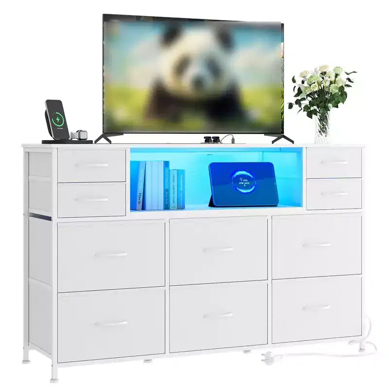 10 Fabric Drawers Dresser, Entertainment Center with Wood Top, Open Shelves, TV Stand for 40-55 TV, Chest of Drawers for Bedroom Living Room