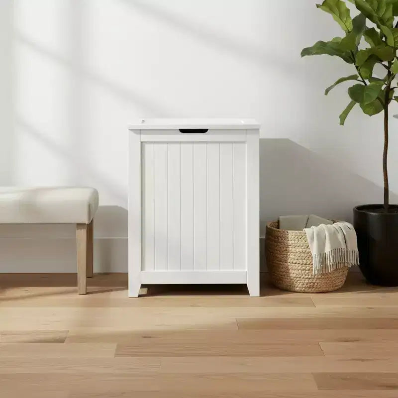 Redmon Contemporary Wooden Clothes Hamper for Bedroom and Laundry Room, White