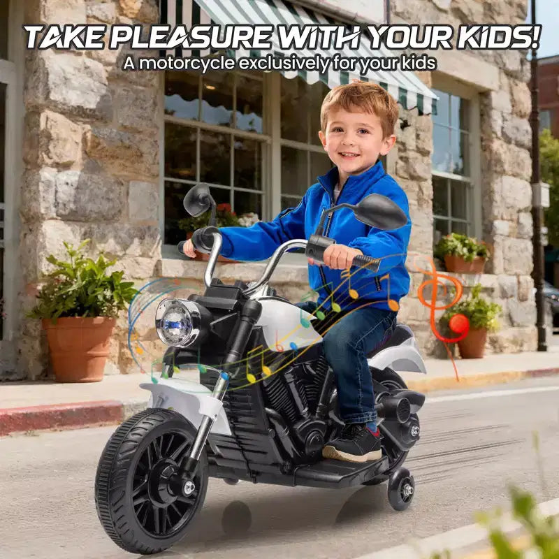 Coolmee 12V Kids Electric Motorcycle, 3-Wheel Ride On Motorcycle with Training Wheels, Reverse, Headlight, Horn, Music, Ride On Toy for Boys Girls