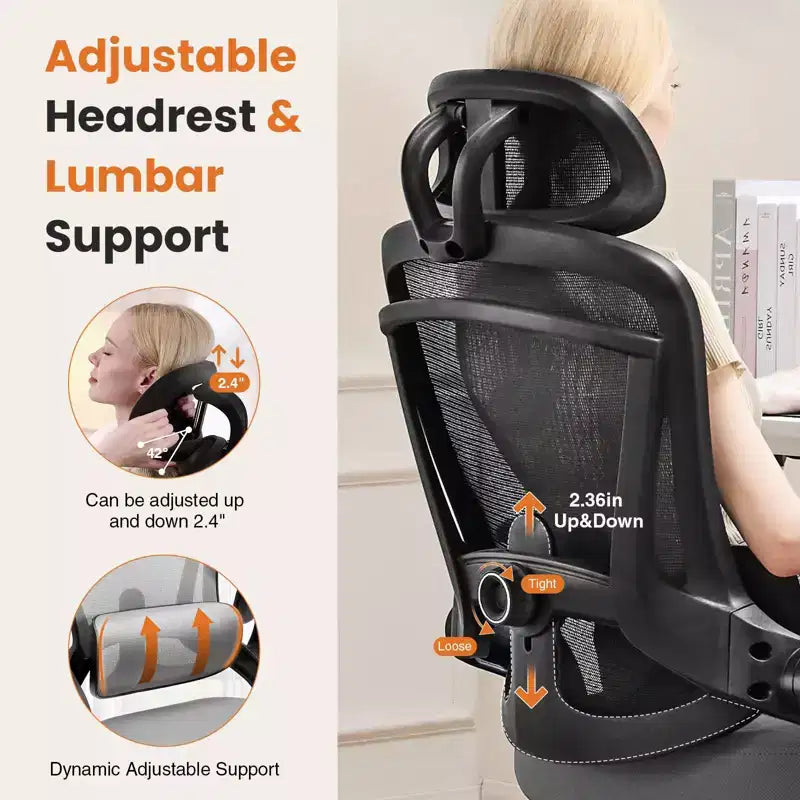 TUYOHW High-Back Ergonomic Office Chair with Adjustable Lumbar Support, Gaming Chair with Flip Up Arms, Mesh Computer Chair for Home, Office