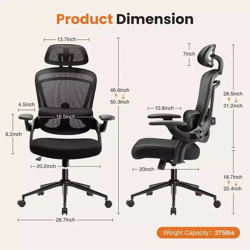 TUYOHW High-Back Ergonomic Office Chair with Adjustable Lumbar Support, Gaming Chair with Flip Up Arms, Mesh Computer Chair for Home, Office