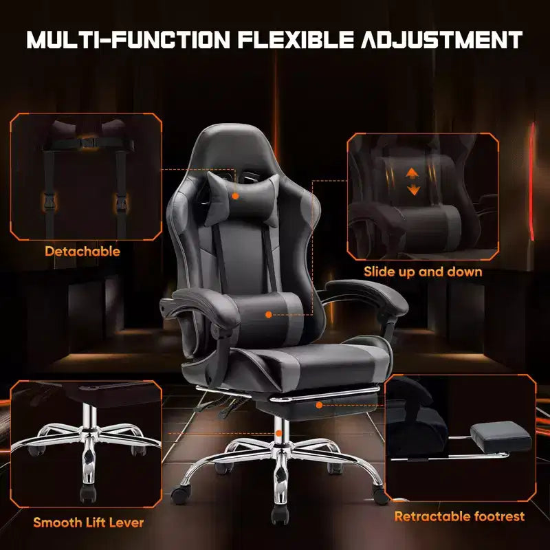 TUYOHW Ergonomic Gaming Chair with Footrest, PU Leather Recliner with Headrest and Fixed Up Armrest, Computer Chair for Study, Office