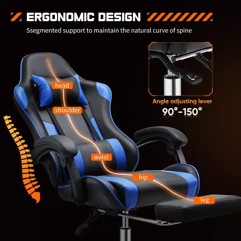 TUYOHW Ergonomic Gaming Chair with Footrest, PU Leather Recliner with Headrest and Fixed Up Armrest, Computer Chair for Study, Office