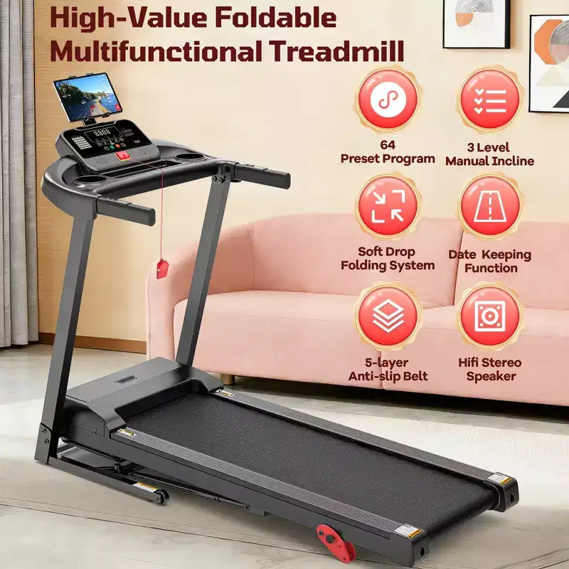 3.5HP Folding Treadmill for Home/Office, 3-Level Incline, 7.5 MPH,64 Programs, FREE Courses&APP Control, Heart Rate Monitor,Jogging walking treadmill