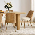 Dining Table Set for 6, Upholstered Dining Chairs with Rattan Backs and Oval Table in Natural Wood-Tone Finish, for Kitchen or Dining Room-Panipeachy