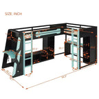 L-Shaped Gaming Loft Bed with Desks, Double Twin Loft Beds with LED Lights, USB Ports, Storage Bookshelves, Wood Corner Loft Bed for 2