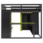 L-Shaped Gaming Loft Bed with Desks, Double Twin Loft Beds with LED Lights, USB Ports, Storage Bookshelves, Wood Corner Loft Bed for 2