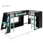 L-Shaped Gaming Loft Bed with Desks, Double Twin Loft Beds with LED Lights, USB Ports, Storage Bookshelves, Wood Corner Loft Bed for 2