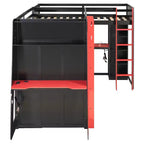 L-Shaped Gaming Loft Bed with Desks, Double Twin Loft Beds with LED Lights, USB Ports, Storage Bookshelves, Wood Corner Loft Bed for 2