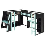 L-Shaped Gaming Loft Bed with Desks, Double Twin Loft Beds with LED Lights, USB Ports, Storage Bookshelves, Wood Corner Loft Bed for 2