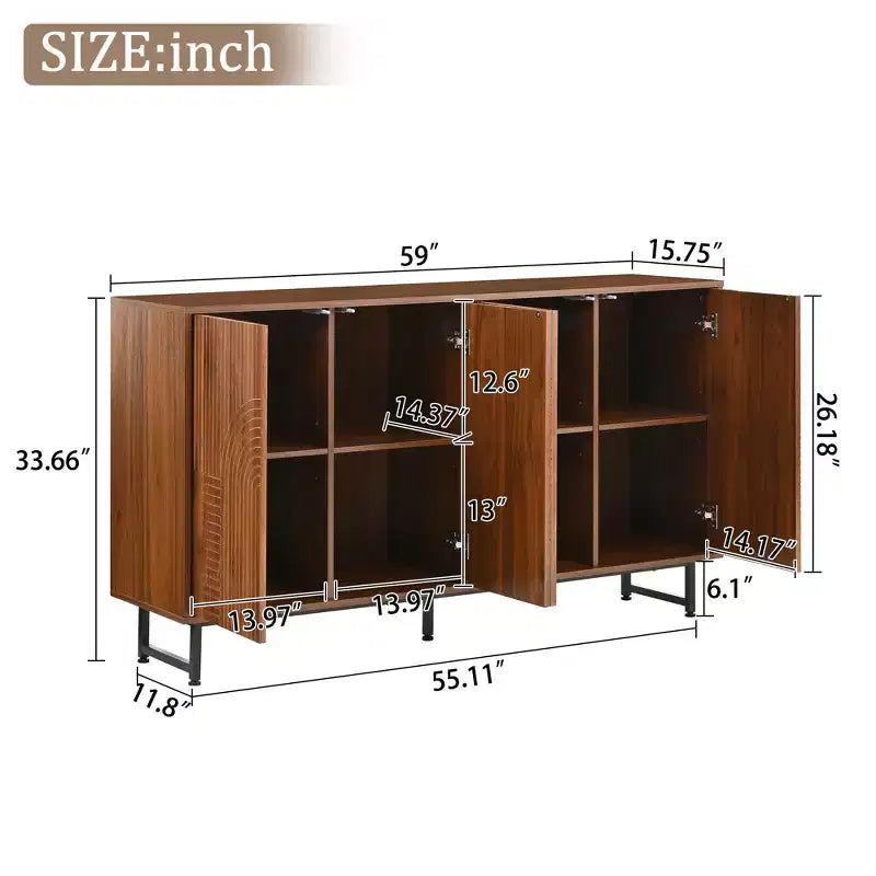 JVNOXK 59-inch Mid-Century Modern Multifunctional Sideboard Geometric Carved Storage Cabinet with Metal Legs Ideal for Dining Rooms Wood