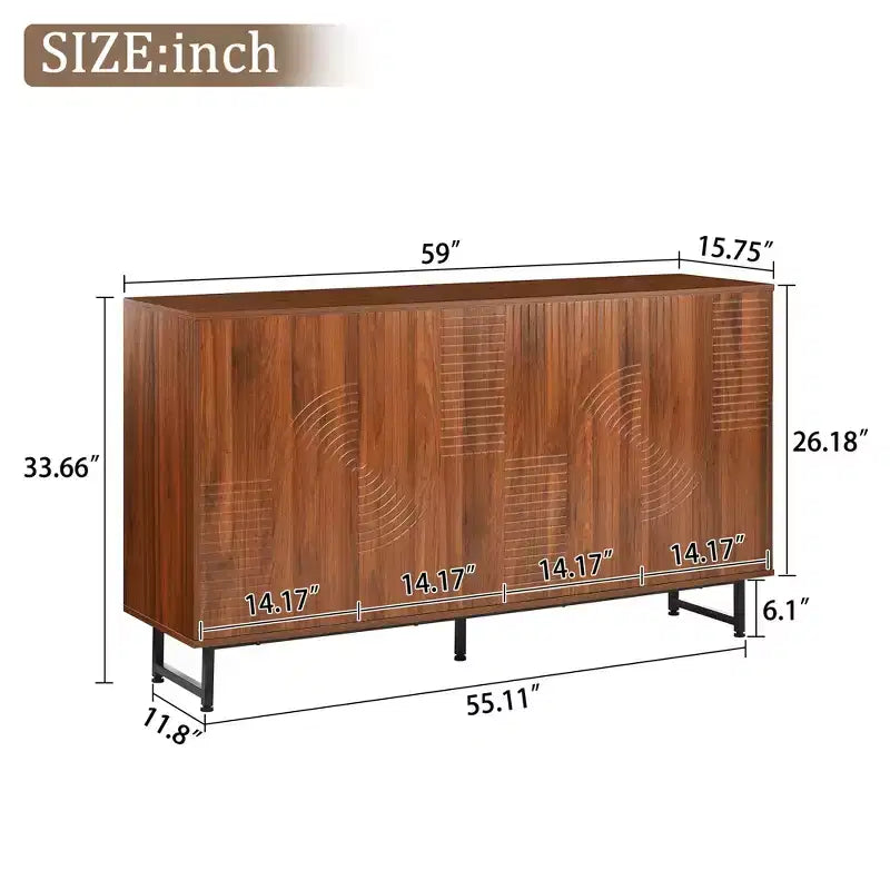 JVNOXK 59-inch Mid-Century Modern Multifunctional Sideboard Geometric Carved Storage Cabinet with Metal Legs Ideal for Dining Rooms Wood