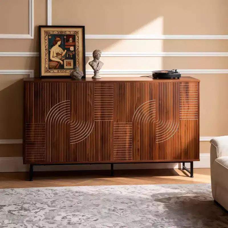 JVNOXK 59-inch Mid-Century Modern Multifunctional Sideboard Geometric Carved Storage Cabinet with Metal Legs Ideal for Dining Rooms Wood