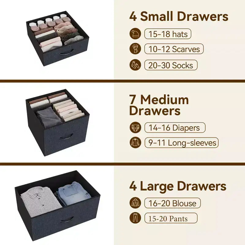48 H Tall Dresser with 15 Drawers, Fabric Storage Dresser with Metal Frame, Wood Top, Storage Cabinet for Bedroom, Closet, Hallway