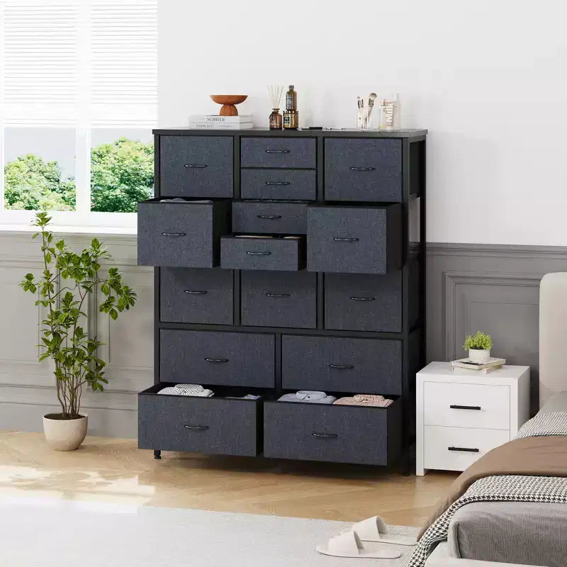 48 H Tall Dresser with 15 Drawers, Fabric Storage Dresser with Metal Frame, Wood Top, Storage Cabinet for Bedroom, Closet, Hallway