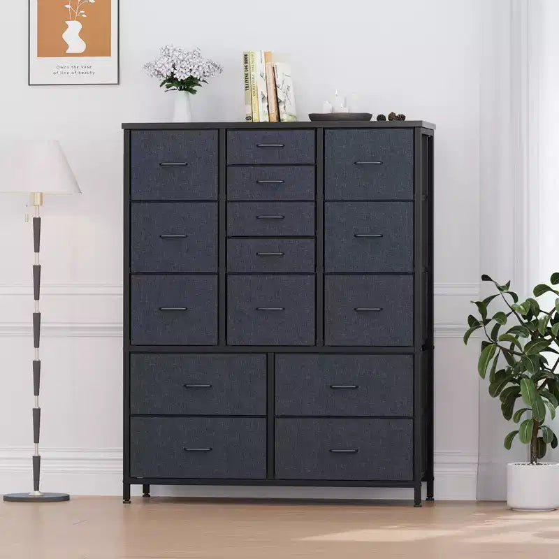 48 H Tall Dresser with 15 Drawers, Fabric Storage Dresser with Metal Frame, Wood Top, Storage Cabinet for Bedroom, Closet, Hallway