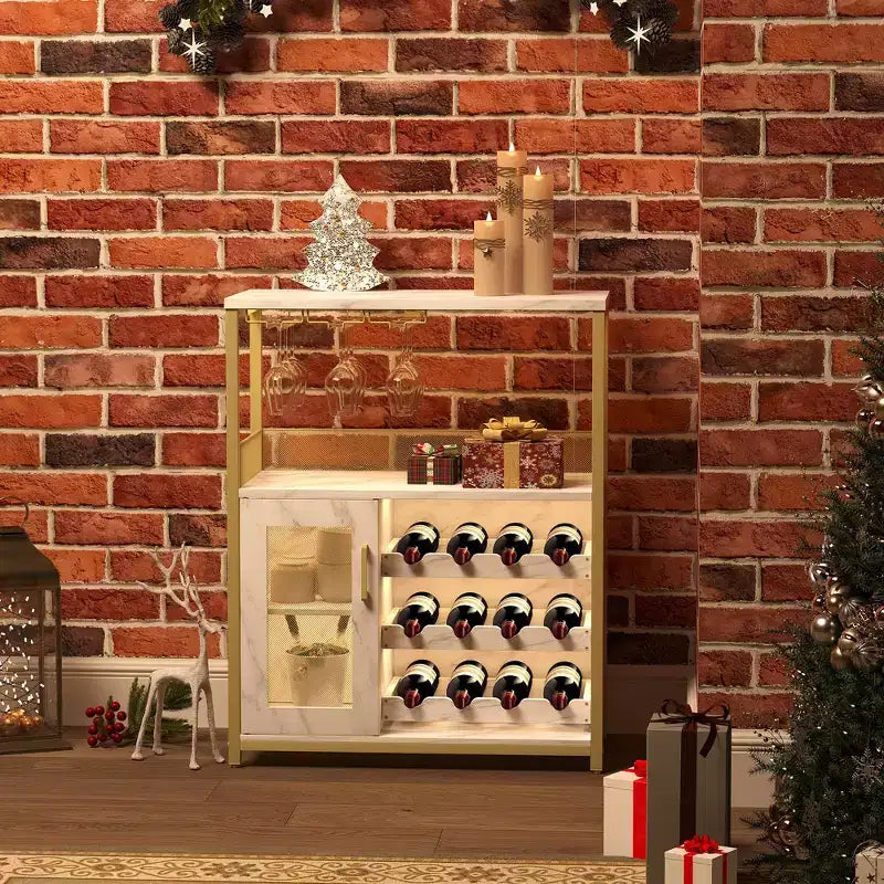 70 x 35 x 92 cm 3-layer Industrial Cabinet, Detachable Wine Rack, Adjustable Shelves and Mesh Door,Kitchen, Living Room and Bar, Gold Color