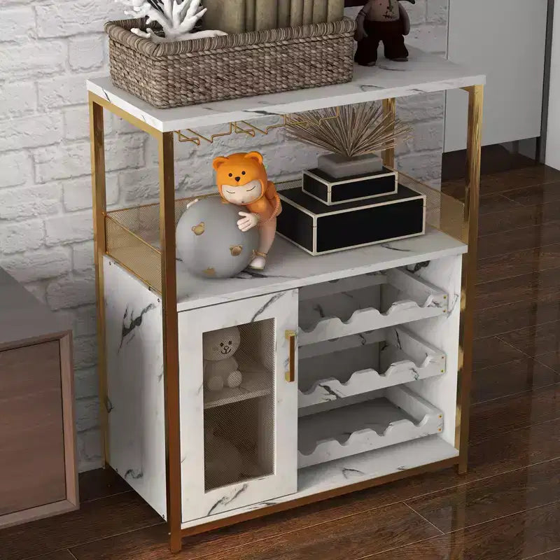 70 x 35 x 92 cm 3-layer Industrial Cabinet, Detachable Wine Rack, Adjustable Shelves and Mesh Door,Kitchen, Living Room and Bar, Gold Color