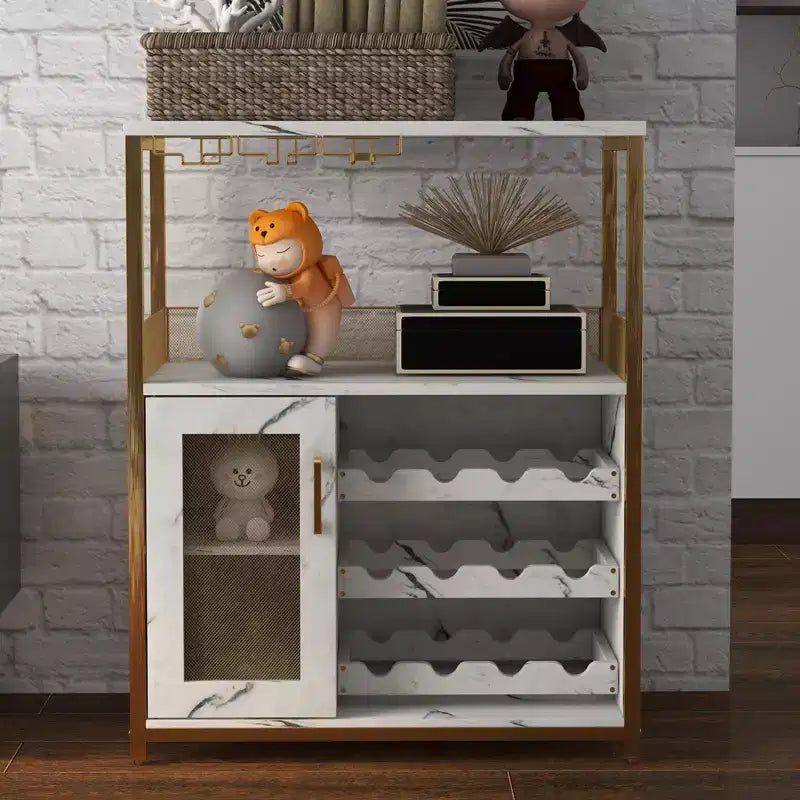 70 x 35 x 92 cm 3-layer Industrial Cabinet, Detachable Wine Rack, Adjustable Shelves and Mesh Door,Kitchen, Living Room and Bar, Gold Color