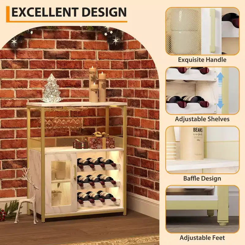 70 x 35 x 92 cm 3-layer Industrial Cabinet, Detachable Wine Rack, Adjustable Shelves and Mesh Door,Kitchen, Living Room and Bar, Gold Color