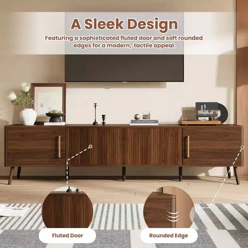 78 TV Stand for TVs up to 85, Fluted TV Console Media Console Walnut TV Cabinet Media Entertainment Center with Push-open Soft-close Door-ModernLuxe