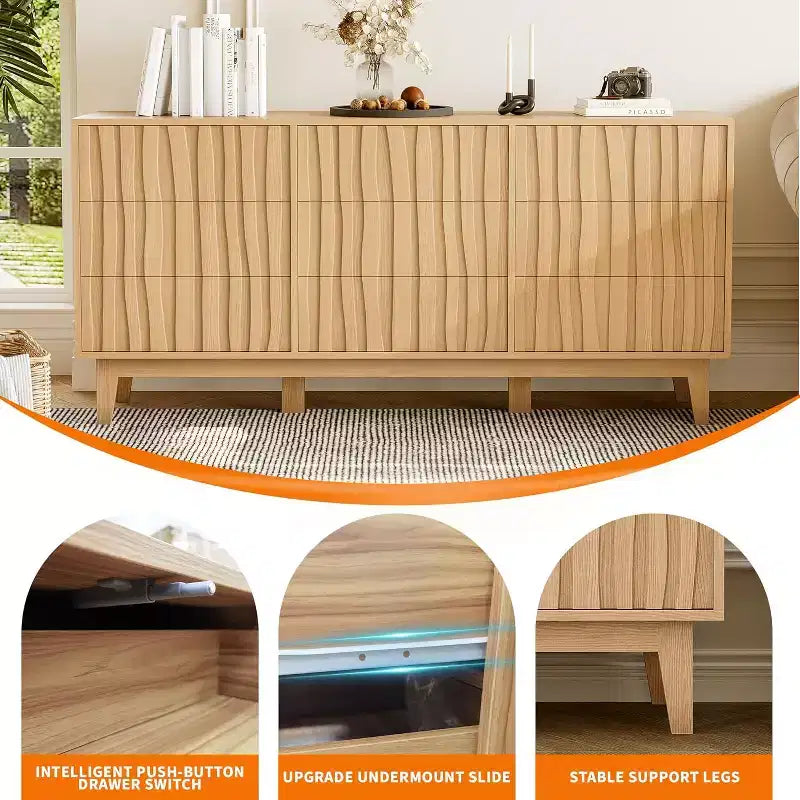 Fluted Dresser for Bedroom with 9 Drawers for Bedroom, Modern Fluted Chest of Drawers, Freestanding Wooden Storage Cabinet, TV Stand for Home Office