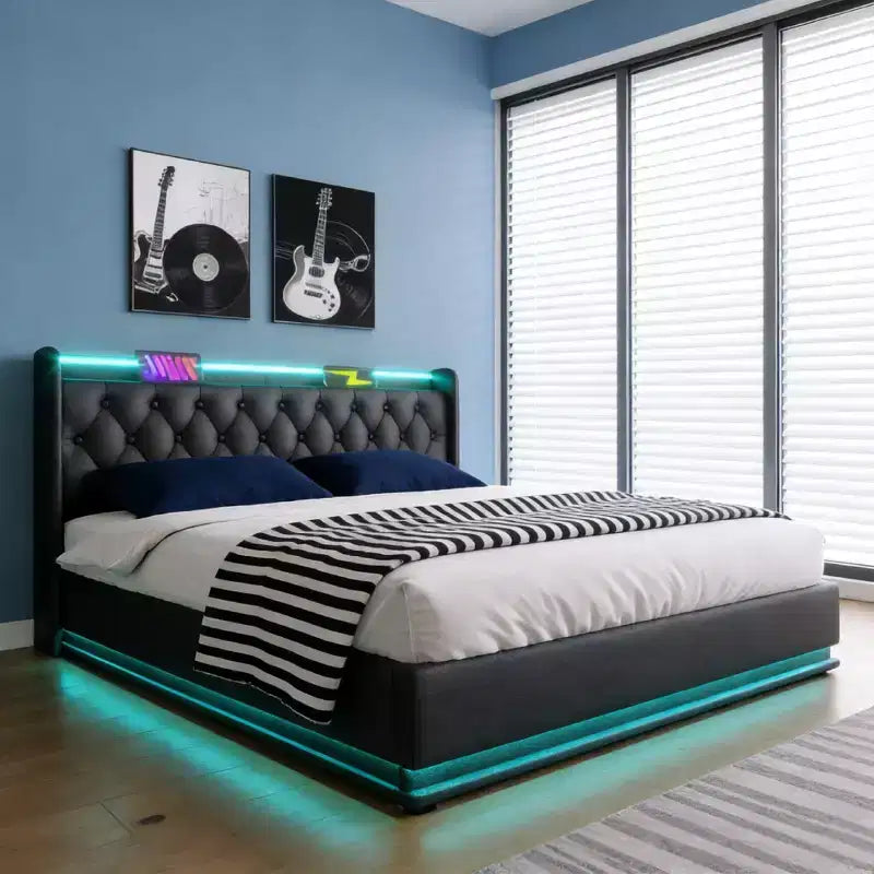 Luxystar Full Size Upholstered Bed With Hydraulic Storage, RGB Lights, USB and Type-C Ports