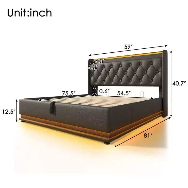 Luxystar Full Size Upholstered Bed With Hydraulic Storage, RGB Lights, USB and Type-C Ports