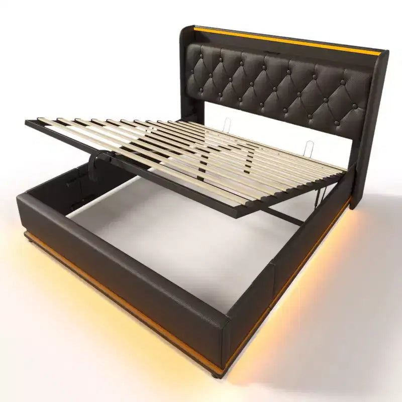 Luxystar Full Size Upholstered Bed With Hydraulic Storage, RGB Lights, USB and Type-C Ports