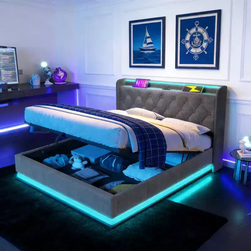 Luxystar Full Size Upholstered Bed With Hydraulic Storage, RGB Lights, USB and Type-C Ports
