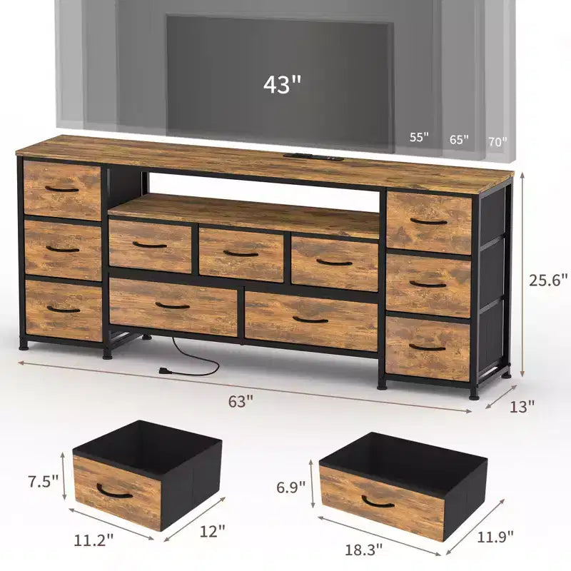 11 Drawer Dresser, TV Stand for 70 Inch TV, Entertainment Center with Storage, Chest of Drawers with Open Shelves for Living Room, Bedroom