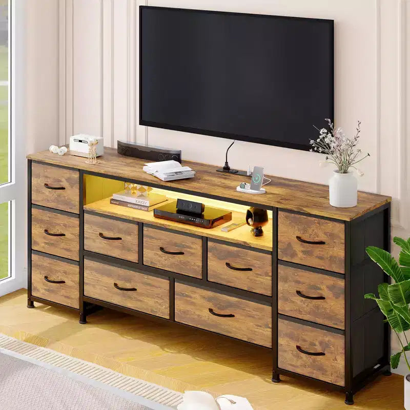 11 Drawer Dresser, TV Stand for 70 Inch TV, Entertainment Center with Storage, Chest of Drawers with Open Shelves for Living Room, Bedroom