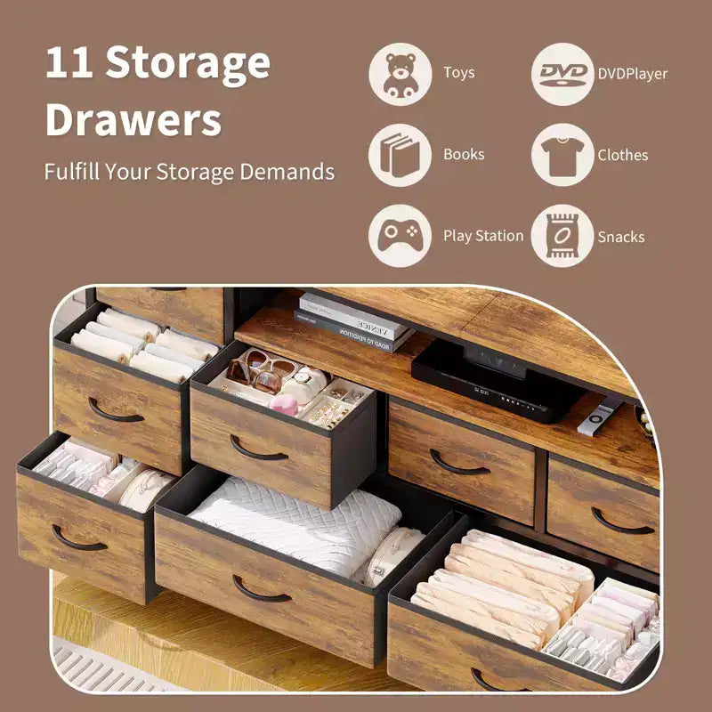 11 Drawer Dresser, TV Stand for 70 Inch TV, Entertainment Center with Storage, Chest of Drawers with Open Shelves for Living Room, Bedroom